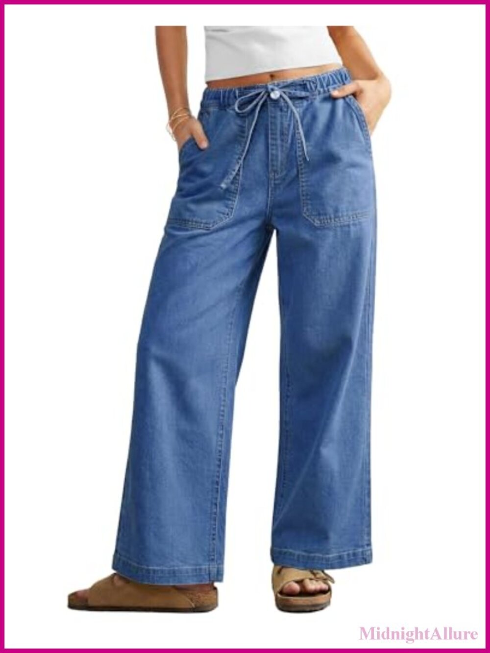 Wide Leg High Waisted Drawstring Jeans Stretchy Denim Pants
